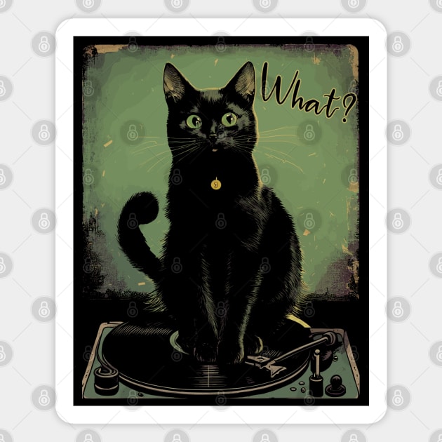 Black Cat Sitting On Vinyl Record Player Women, Men Magnet by Apocatnipse Meow